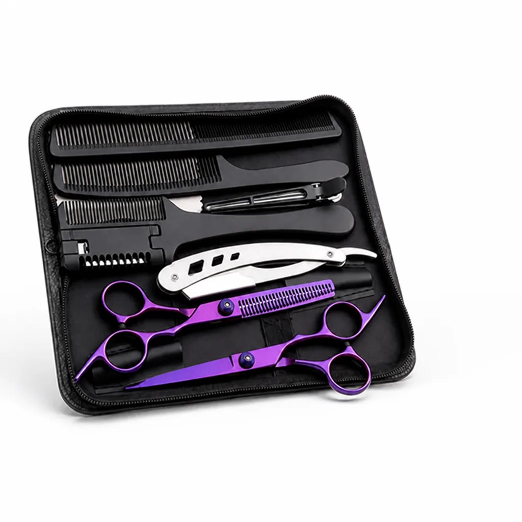 Stainless Steel Cutting & Thinning Scissors Set (With Comb, Razor & Pouch)