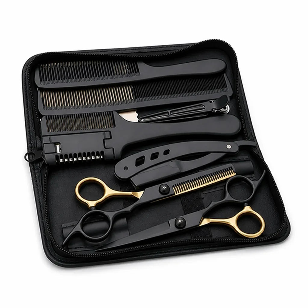Stainless Steel Cutting & Thinning Scissors Set (With Comb, Razor & Pouch)