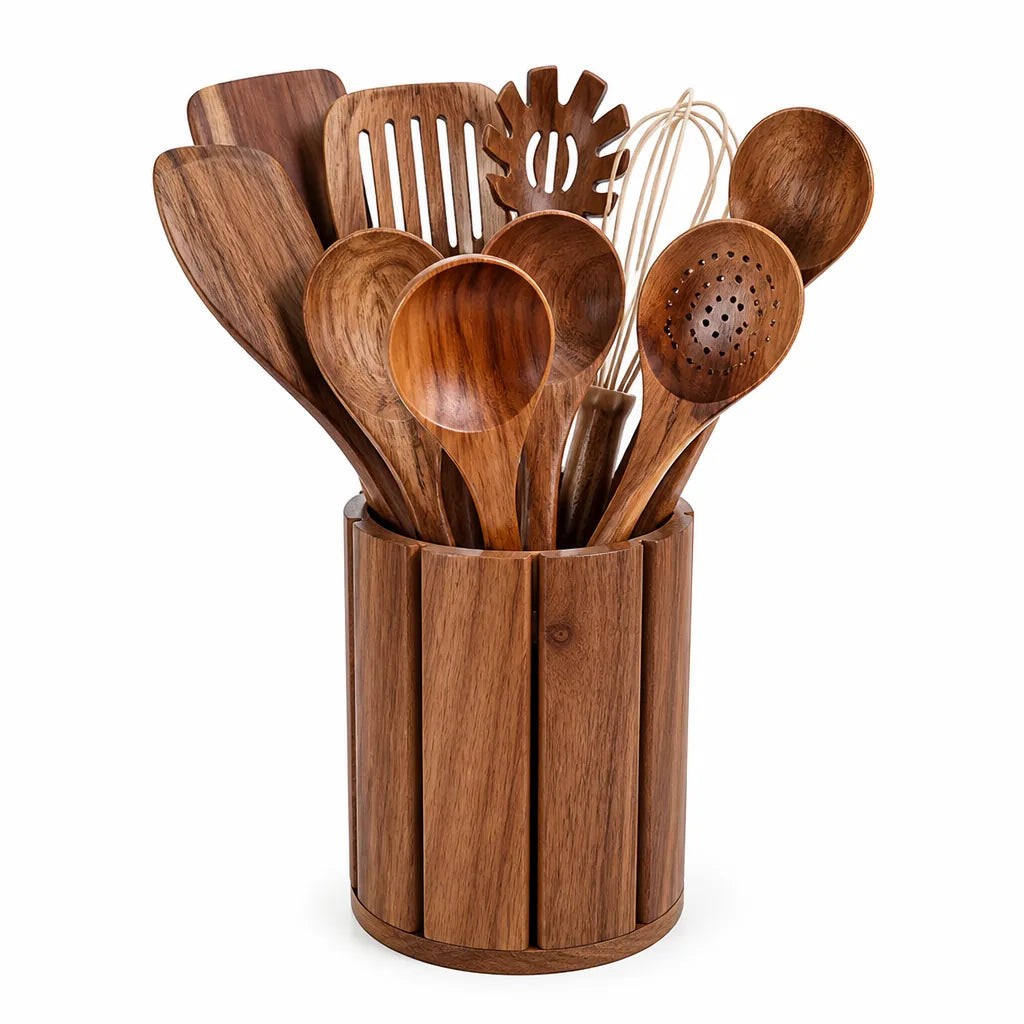 Teak Wood Non-Scratch Utensil Set (11-Piece With Holder)