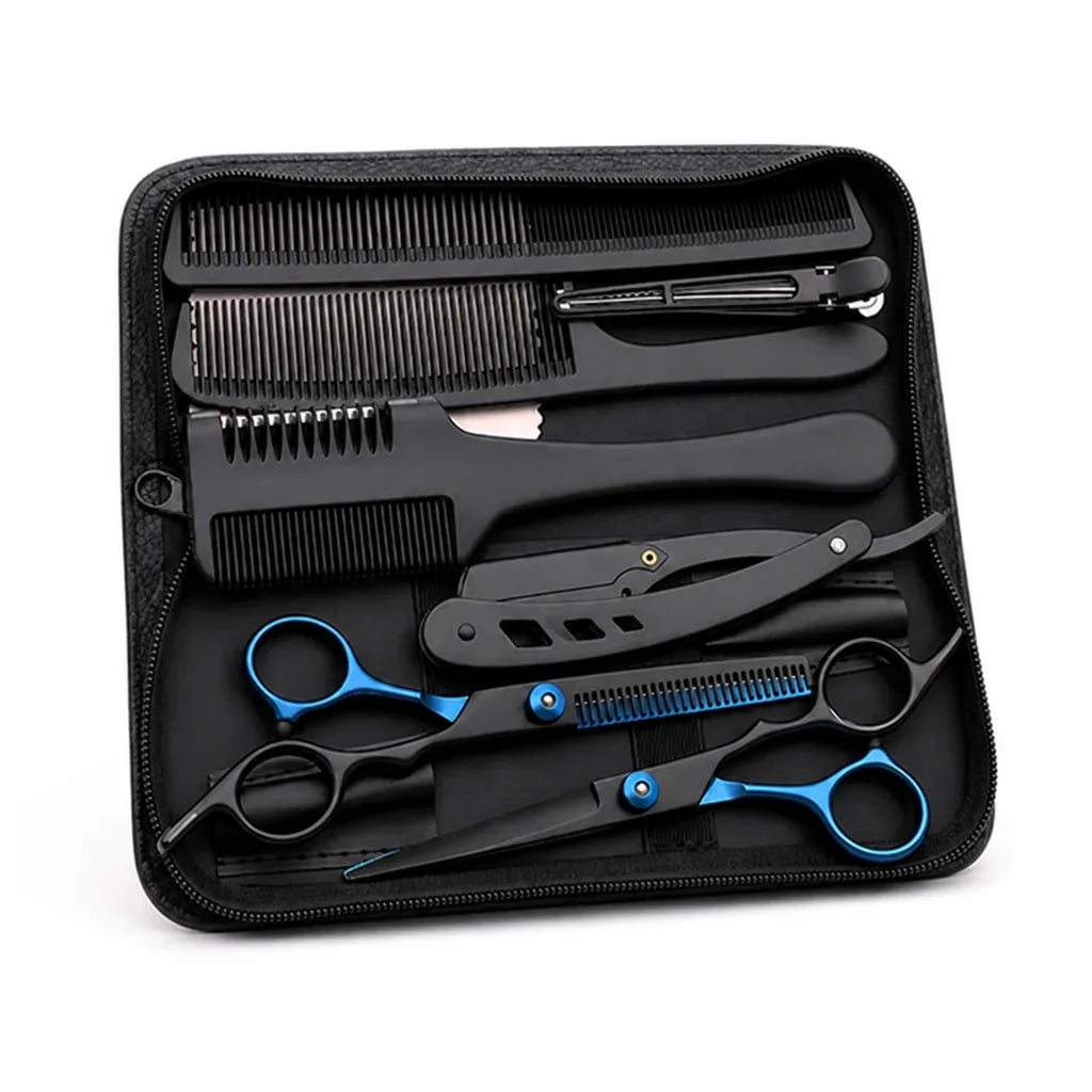 Stainless Steel Cutting & Thinning Scissors Set (With Comb, Razor & Pouch)