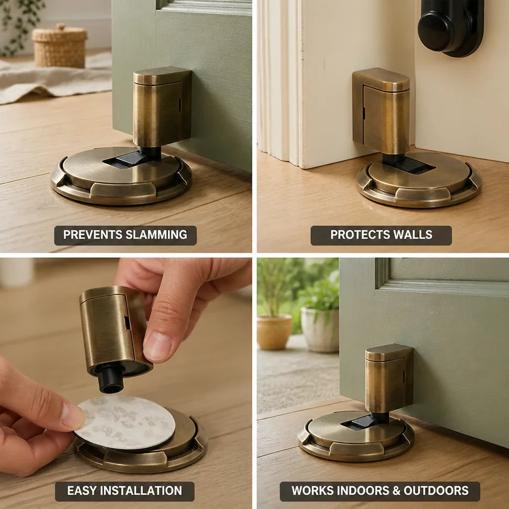 Self-Locking Solid Brass Door Stopper (Adhesive & Screw Mount)