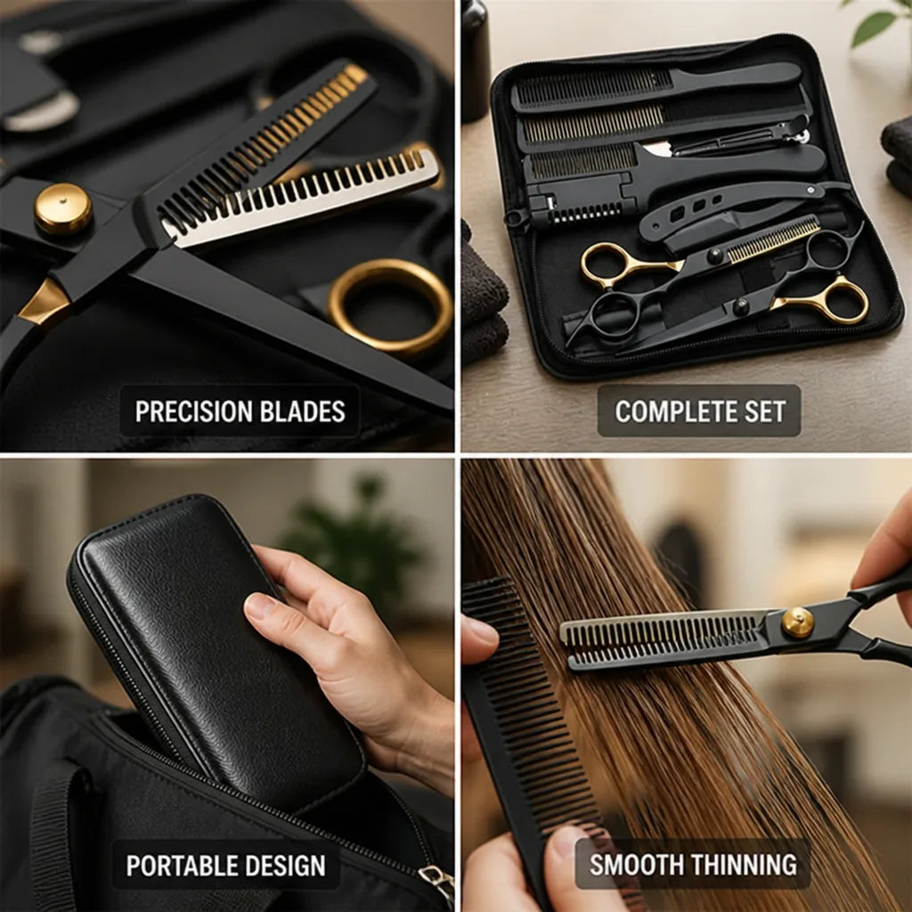 Stainless Steel Cutting & Thinning Scissors Set (With Comb, Razor & Pouch)