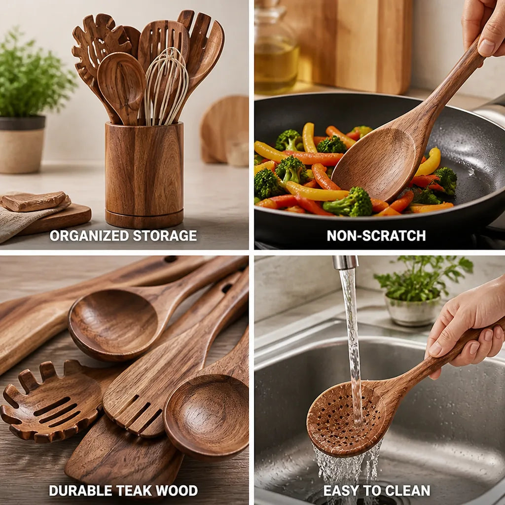 Teak Wood Non-Scratch Utensil Set (11-Piece With Holder)