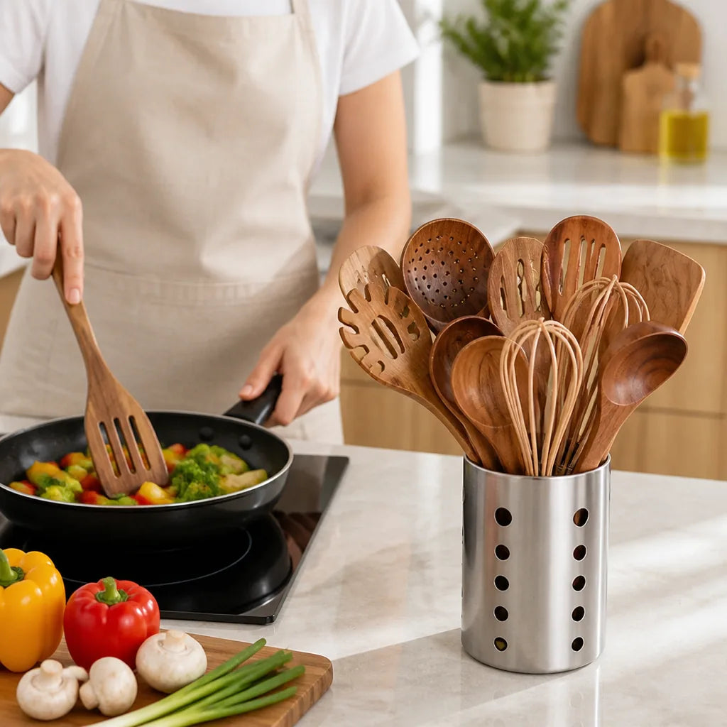 Teak Wood Non-Scratch Utensil Set (11-Piece With Holder)