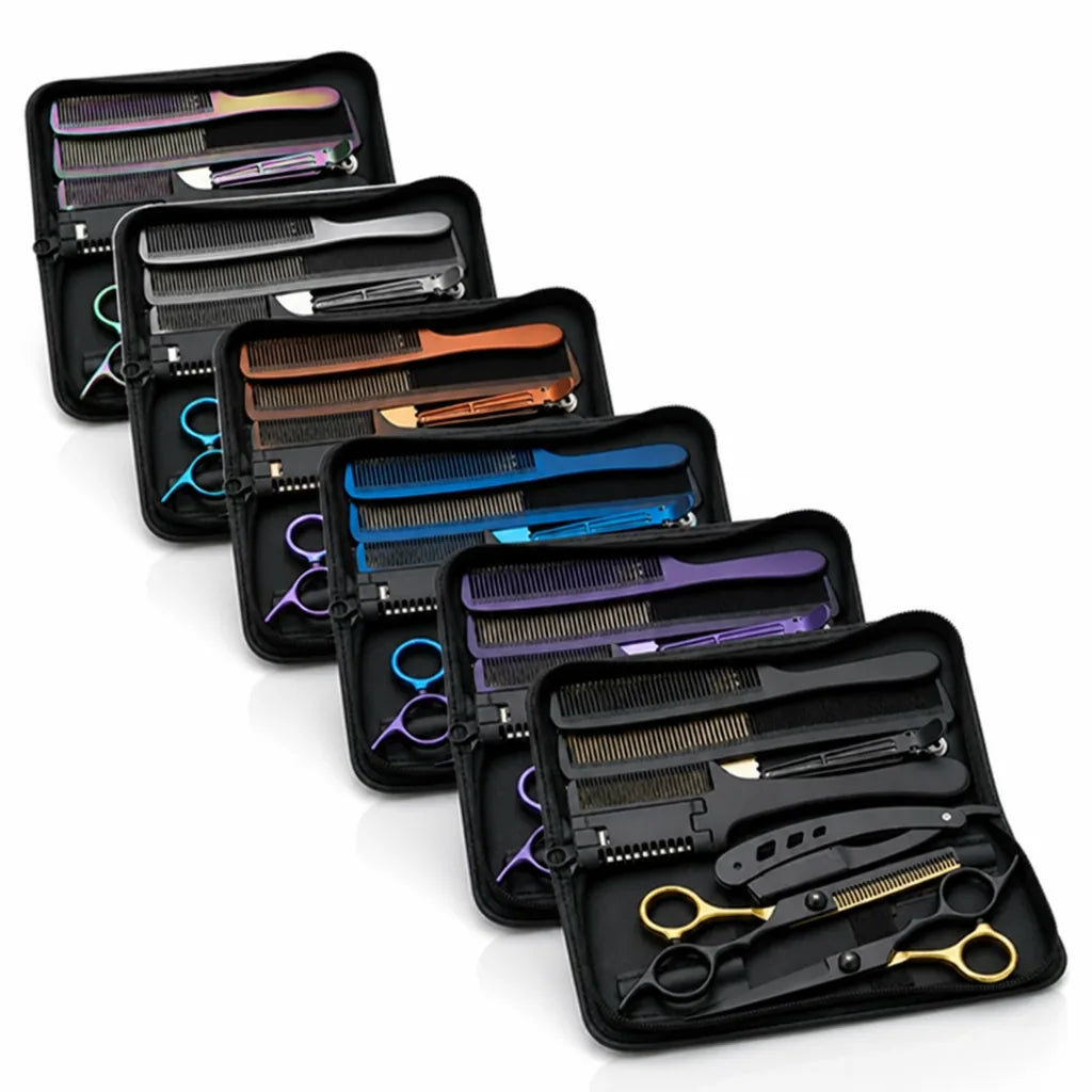 Stainless Steel Cutting & Thinning Scissors Set (With Comb, Razor & Pouch)