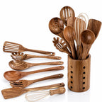 Teak Wood Non-Scratch Utensil Set (11-Piece With Holder)