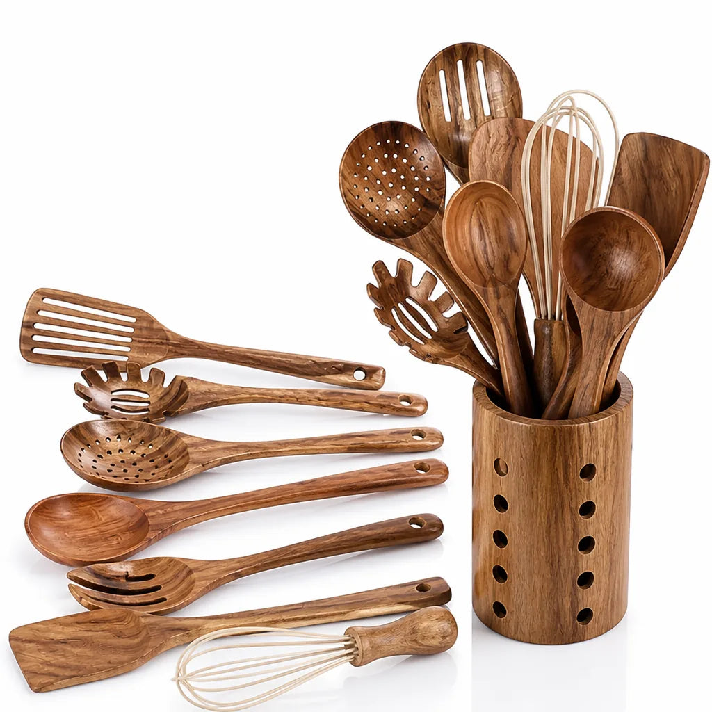 Teak Wood Non-Scratch Utensil Set (11-Piece With Holder)