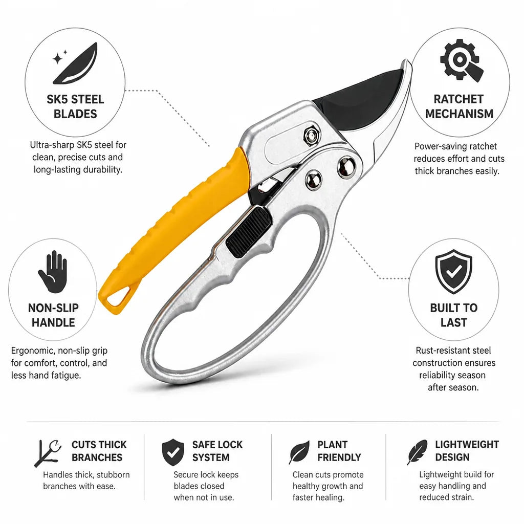 SK5 Steel Ratchet Garden Pruner (Non-Slip Handle)