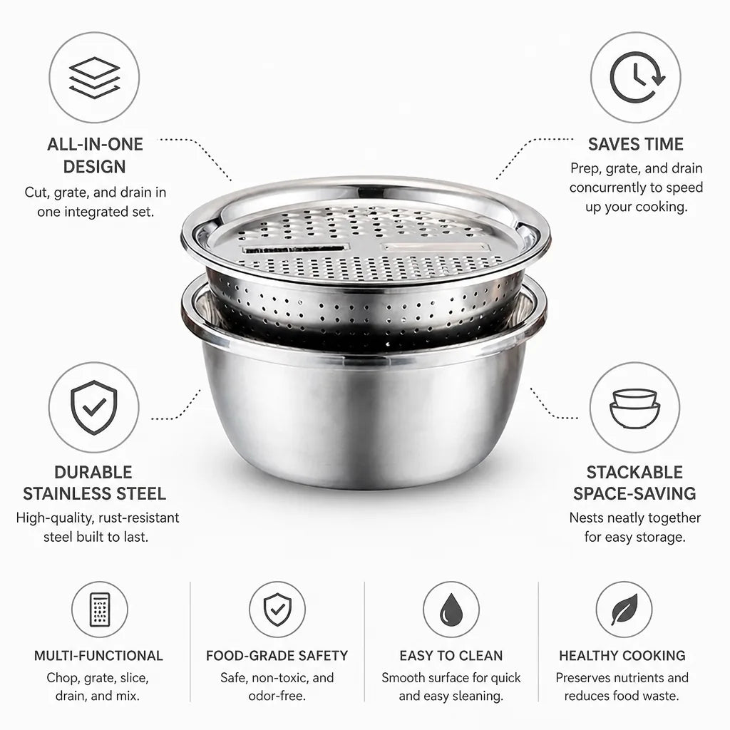 Stainless Steel Stackable Vegetable Cutter Set (Grater & Sieve)