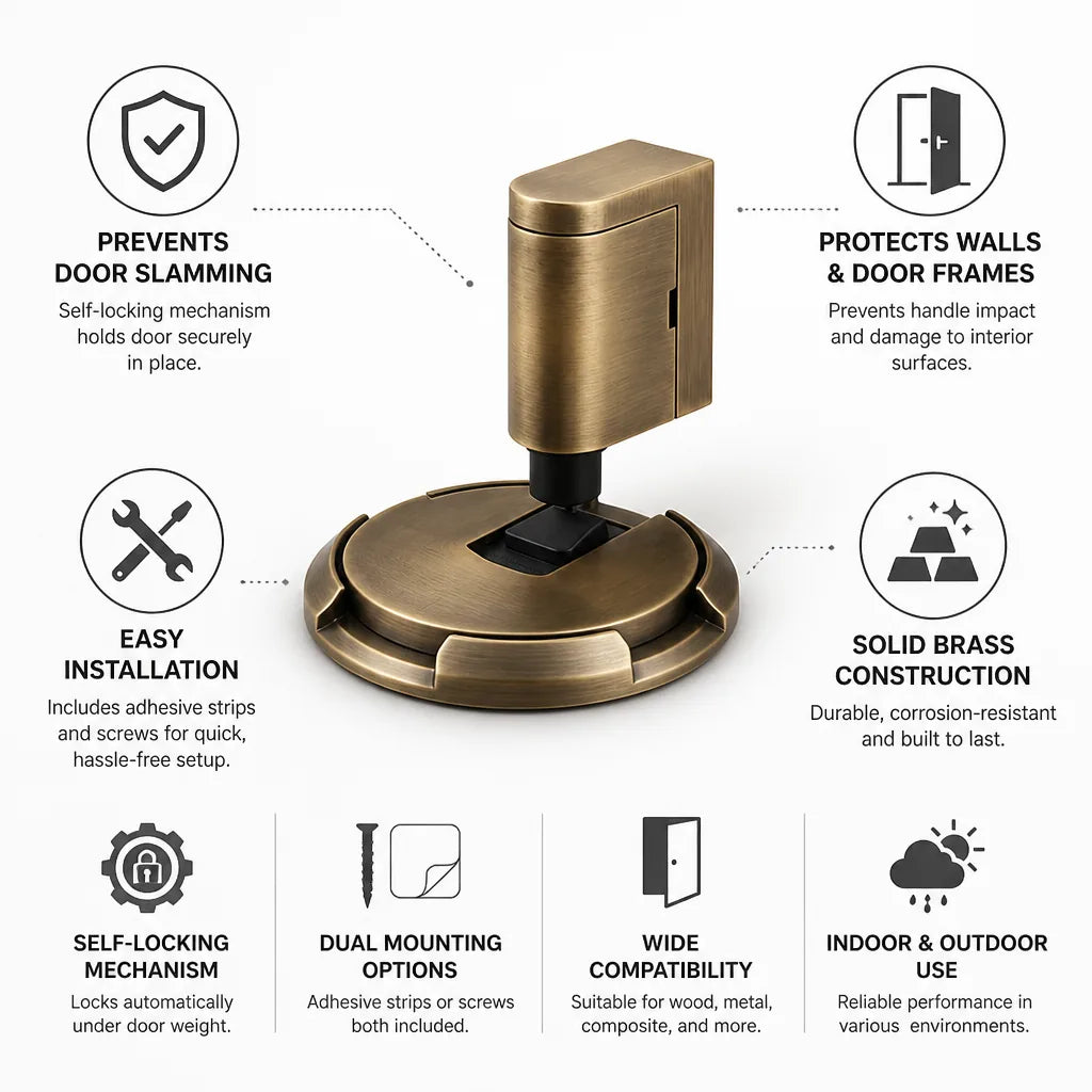 Self-Locking Solid Brass Door Stopper (Adhesive & Screw Mount)