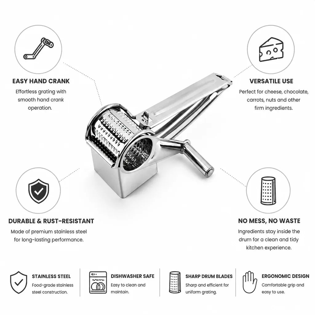 Hand-Crank Stainless Steel Rotary Cheese Grater