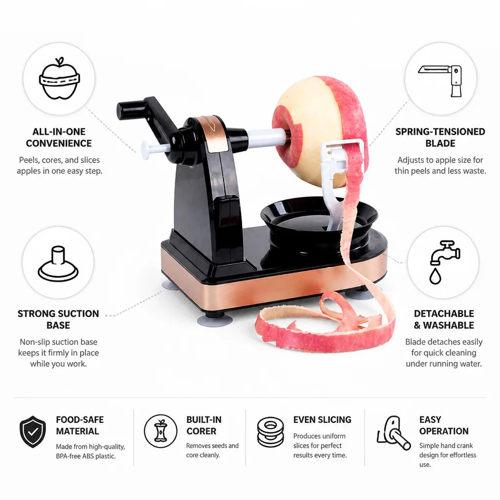 Spring-Tensioned Blade & Suction-Base Apple Peeler, Corer & Slicer (3-in-1)