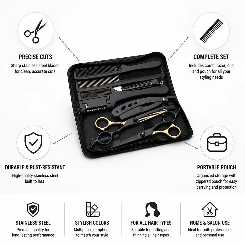 Stainless Steel Cutting & Thinning Scissors Set (With Comb, Razor & Pouch)