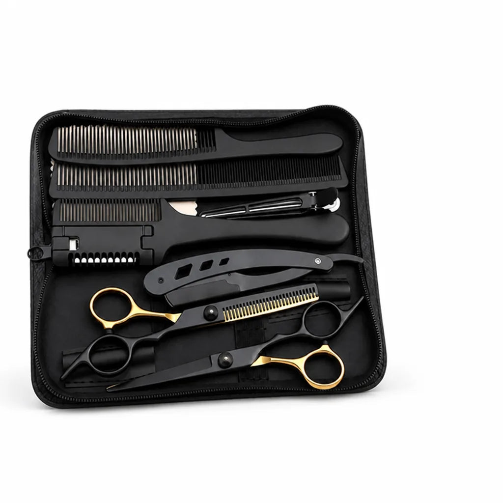 Stainless Steel Cutting & Thinning Scissors Set (With Comb, Razor & Pouch)