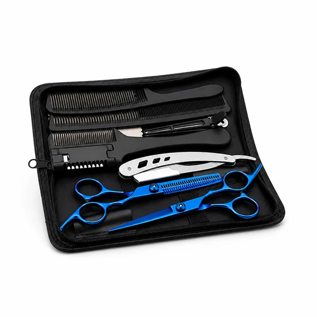 Stainless Steel Cutting & Thinning Scissors Set (With Comb, Razor & Pouch)