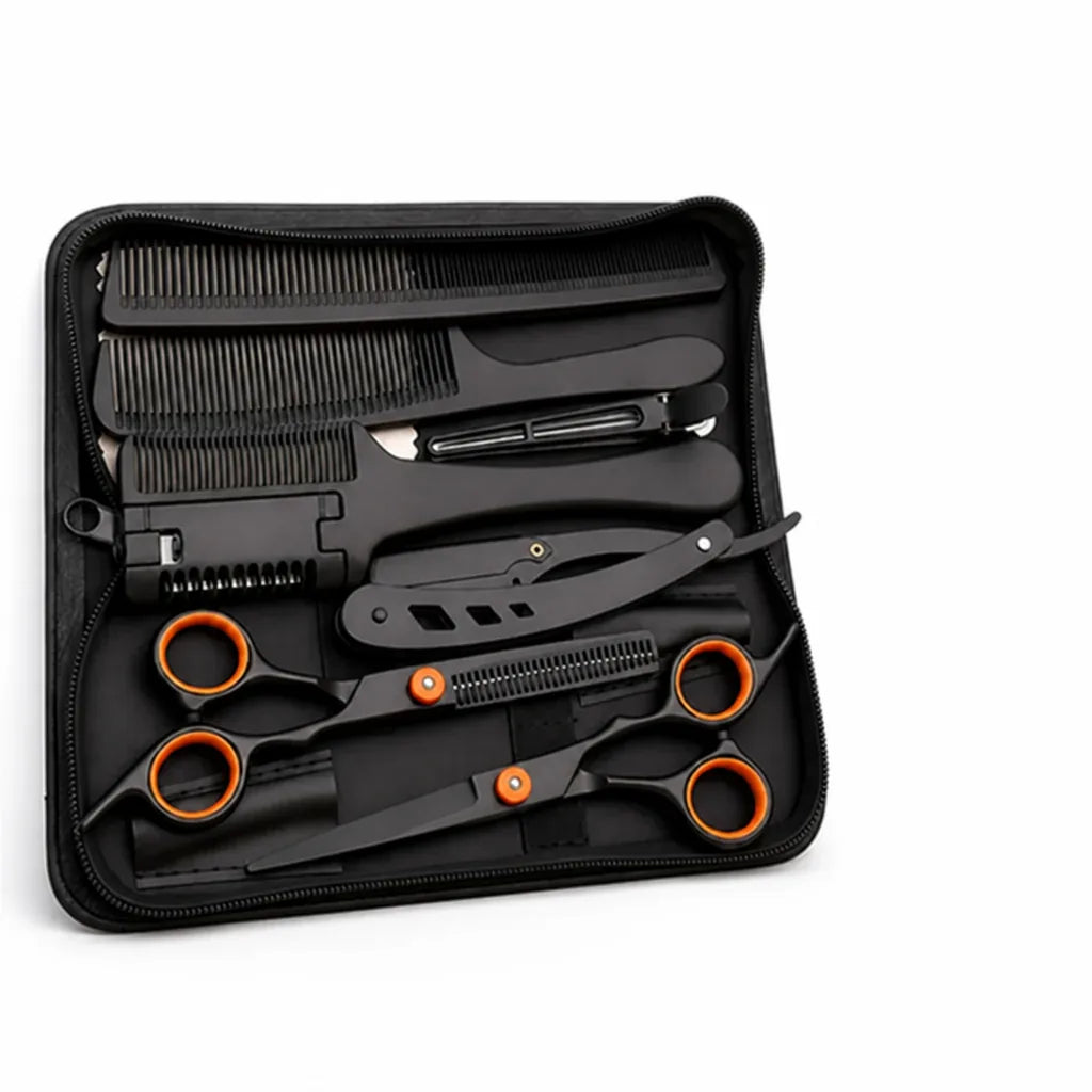 Stainless Steel Cutting & Thinning Scissors Set (With Comb, Razor & Pouch)